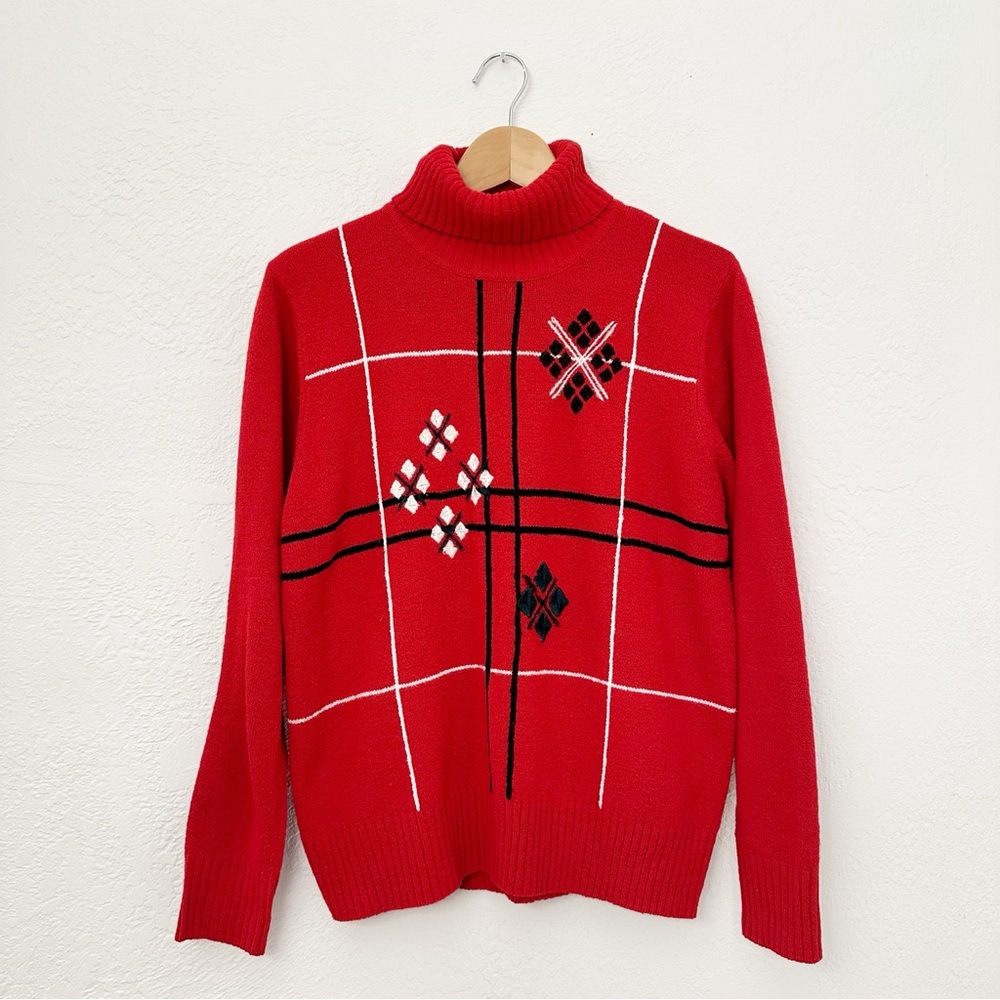 Vintage 80s 90s Tan Jay Red Argyle & Plaid Design Mock Turtleneck Sweater